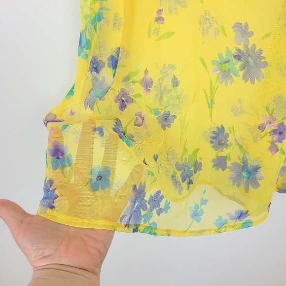 Vintage 1990s 90s Y2K Yellow Mini Floral Stretch Mesh Beach Coverup Dress Medium - Picture 4 of 6